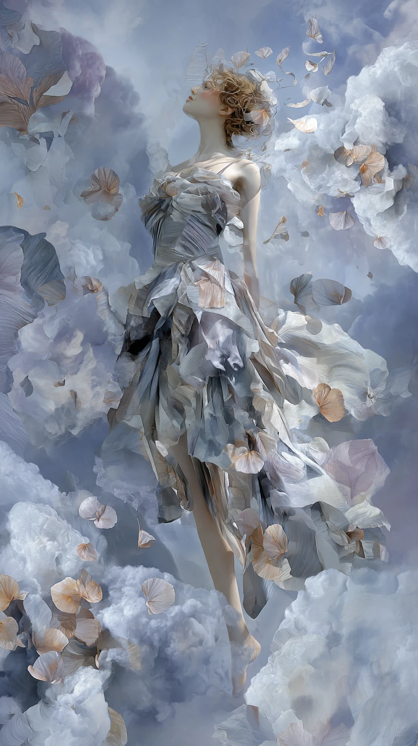 Graceful woman floating through surreal pearl gray clouds