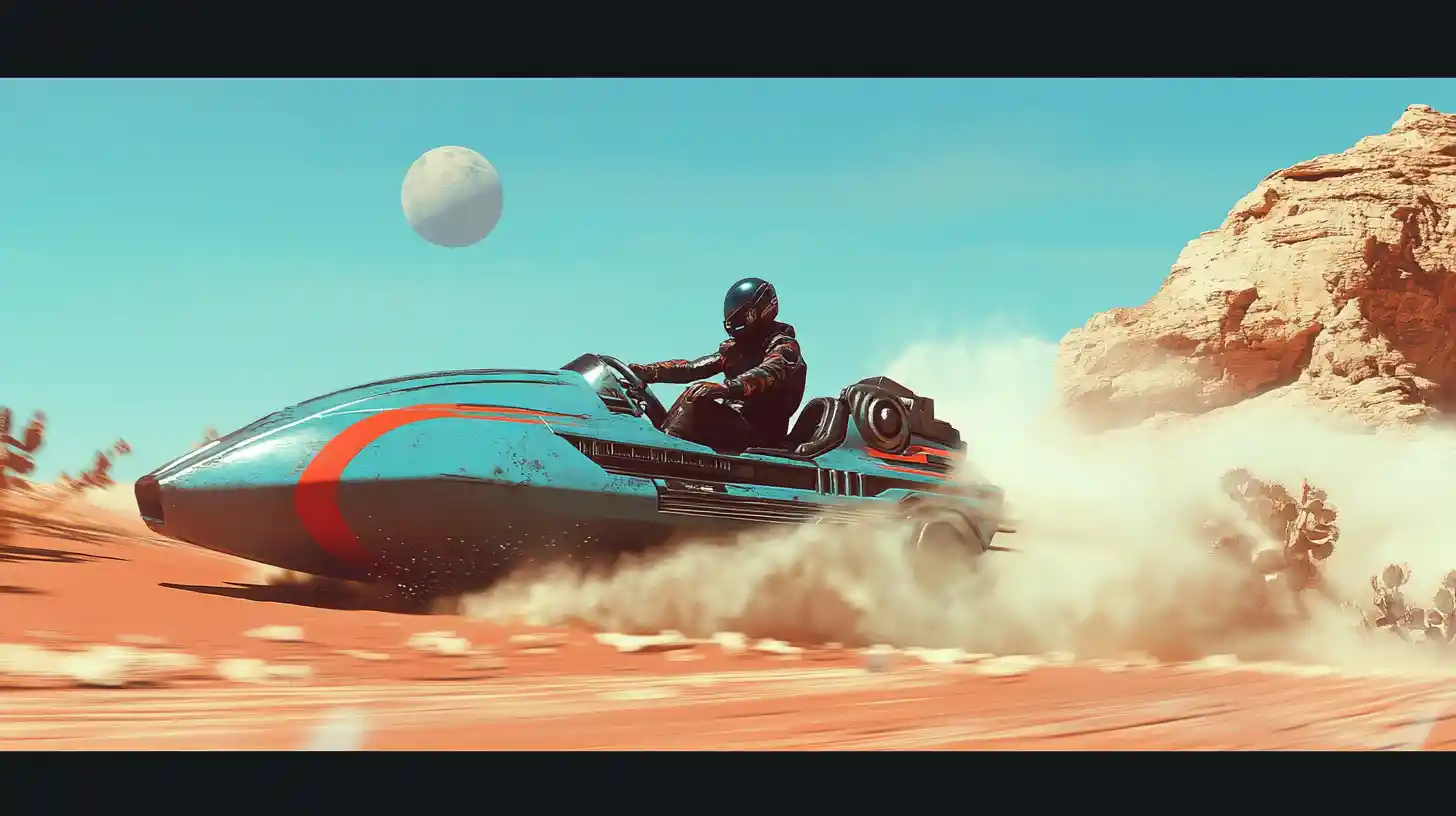 Futuristic speeder racing across an alien red desert