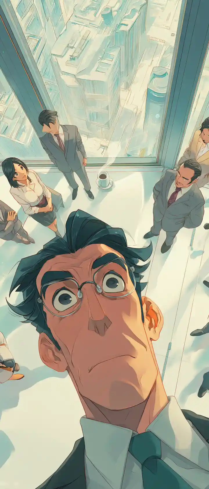 Anime office worker stunned by tiny coffee mug boss