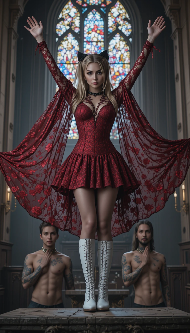 Goth woman raising her arms on a church altar