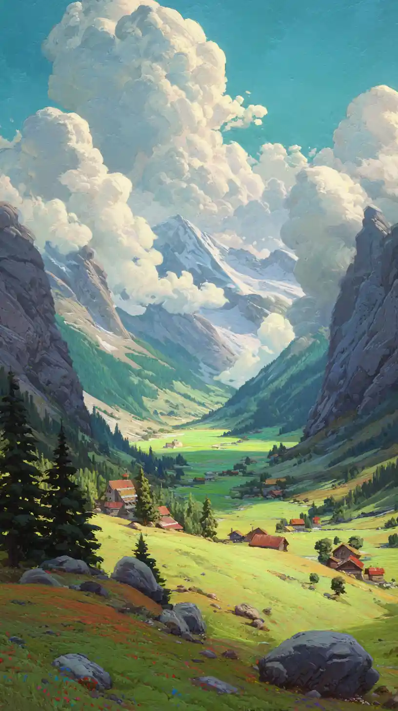 Lush green valley beneath towering cliffs and distant peaks