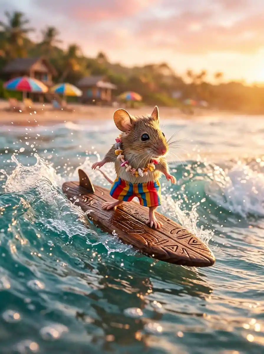Little mouse surfing a wooden board on summer waves