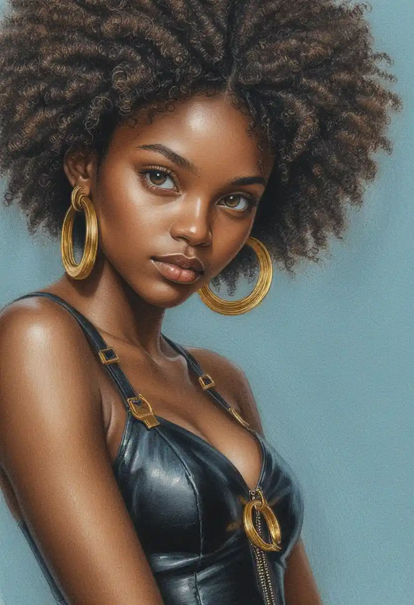 Confident black girl portrait in colored pencil drawing