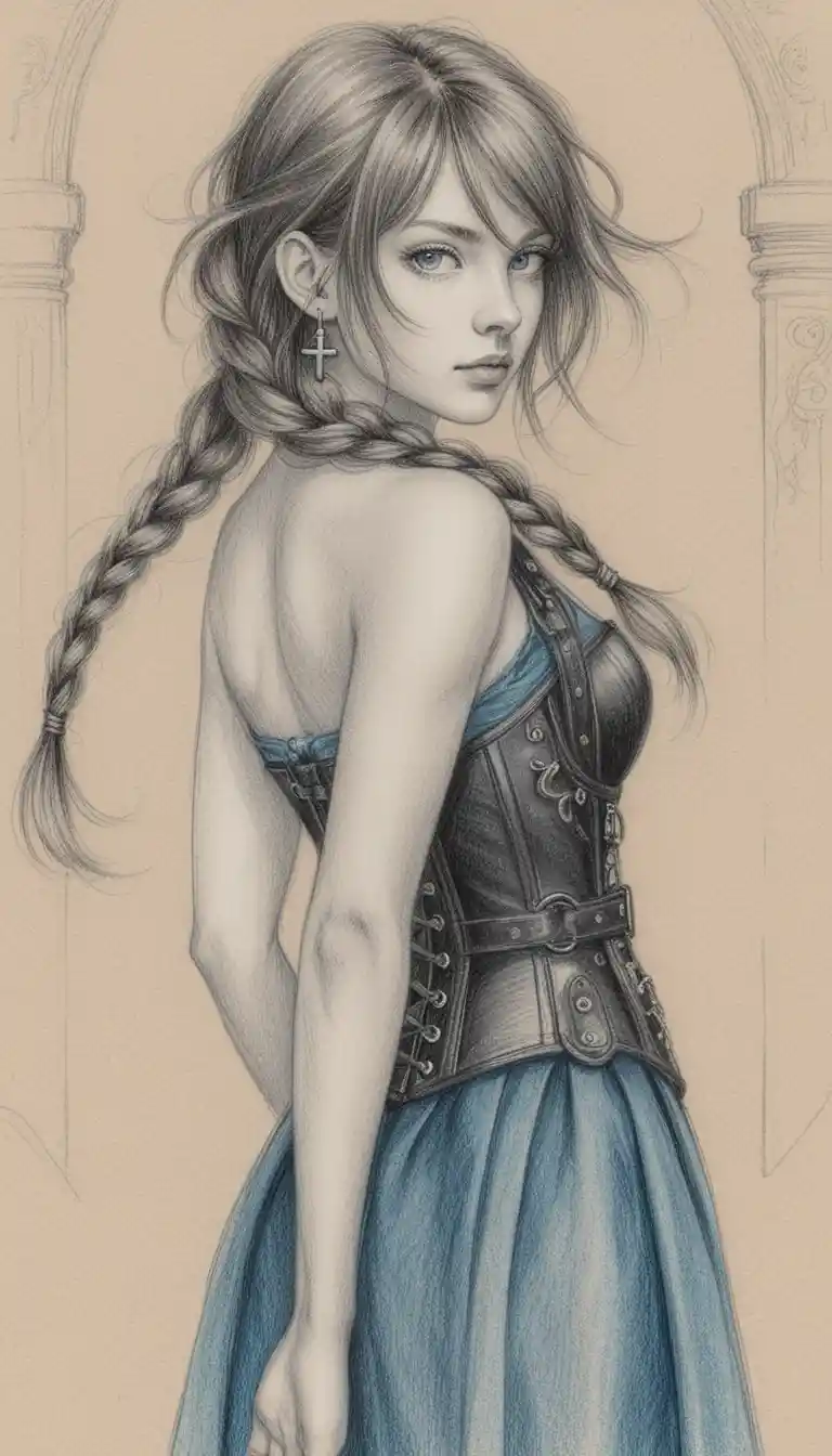 Anime girl in corset looking back over her shoulder