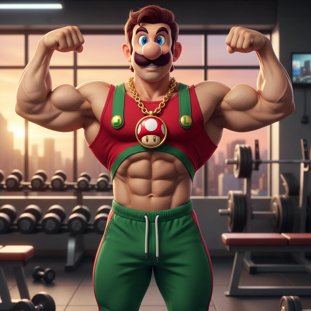 Muscular man flexing in a gym with confident smile