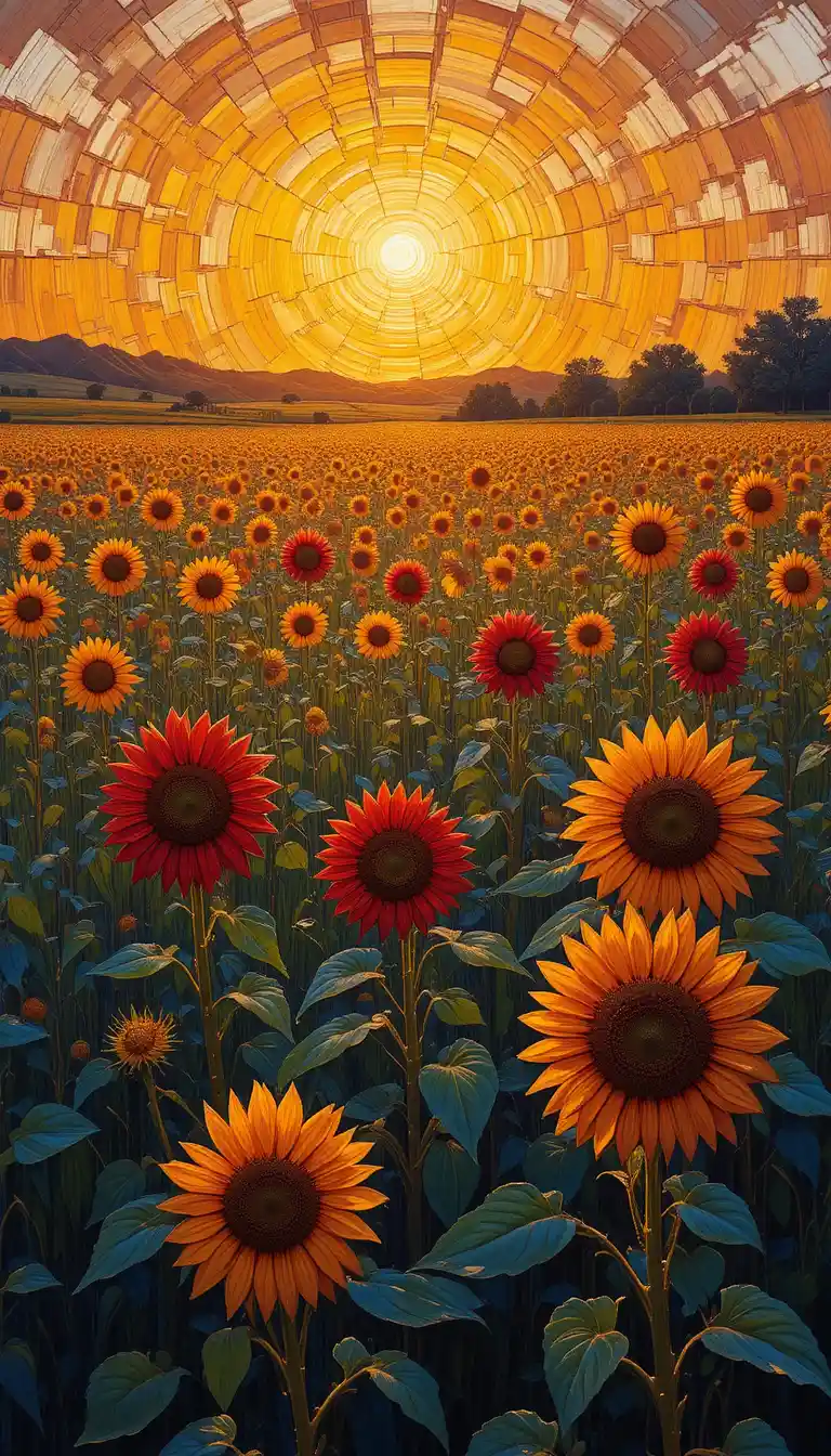 Red sunflowers glowing in warm midsummer sunrise light