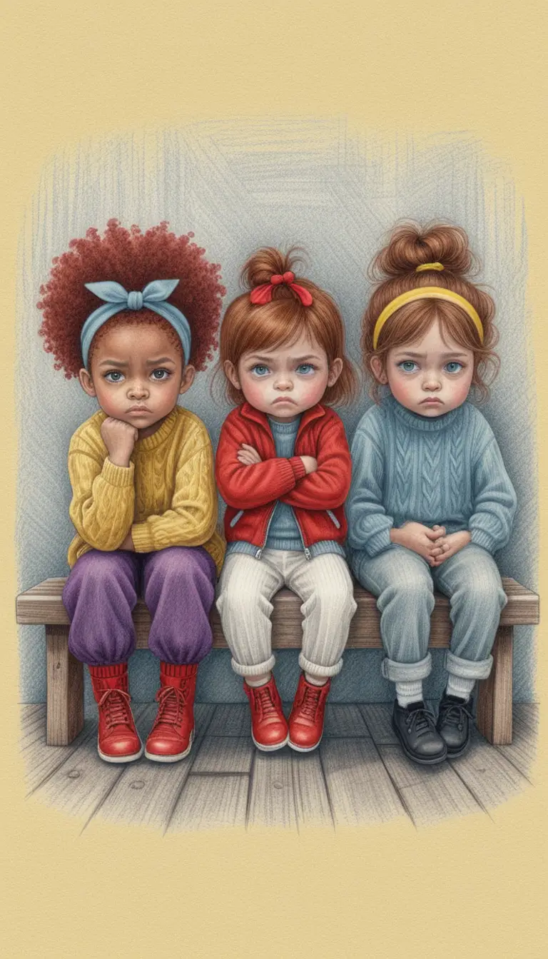 Three grumpy little girls on a wooden bench illustration