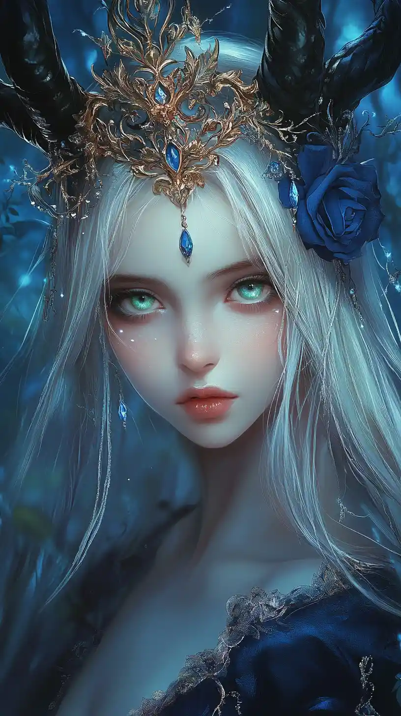 Ethereal horned girl in a jeweled crown at twilight
