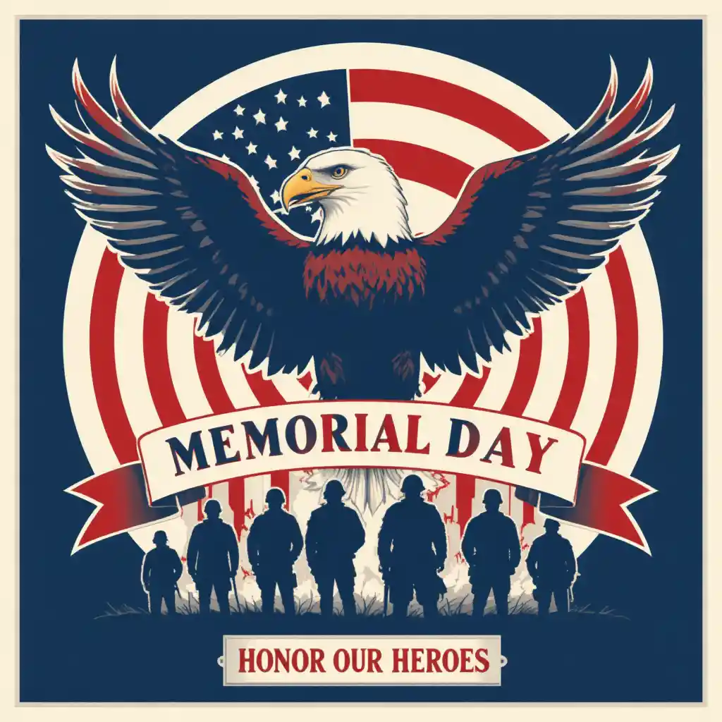 Bald eagle with soldiers on circular American flag memorial design