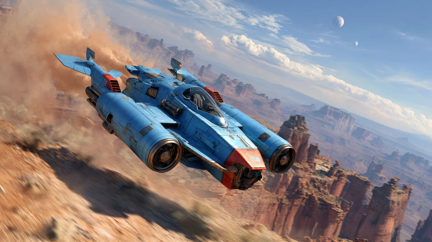 Futuristic land speeder jumping across alien desert canyon
