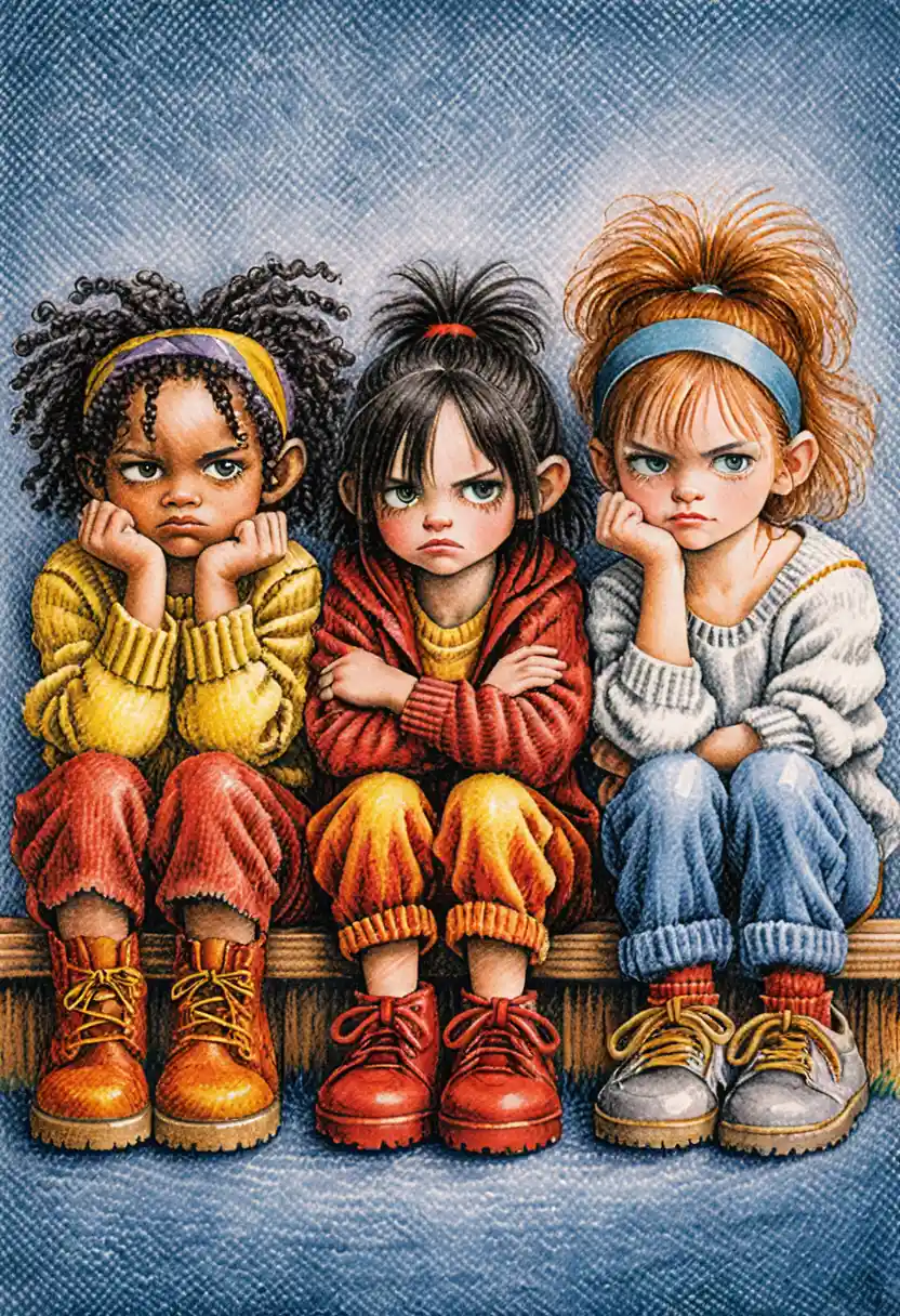 Three grumpy little girls on a wooden bench drawing