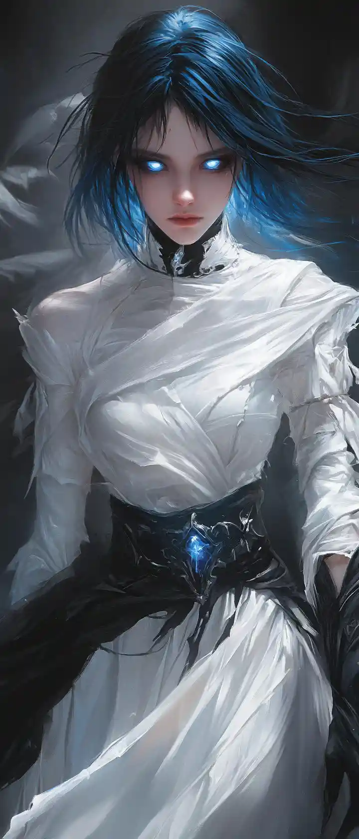 Sad glowing eyed warrior woman in white light armor