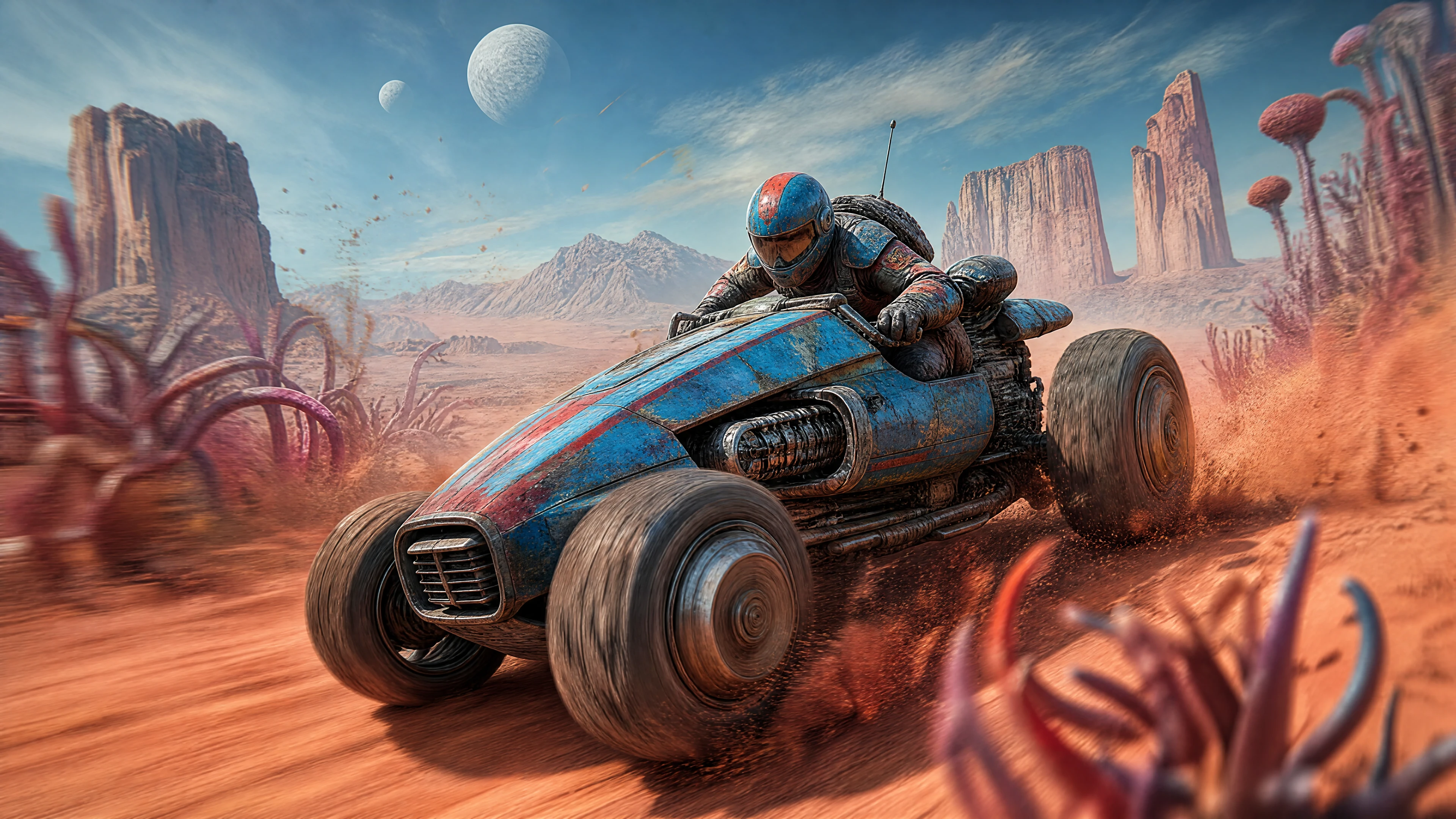 Piloto destemido correndo em um speeder terrestre azul pelo deserto alienígena