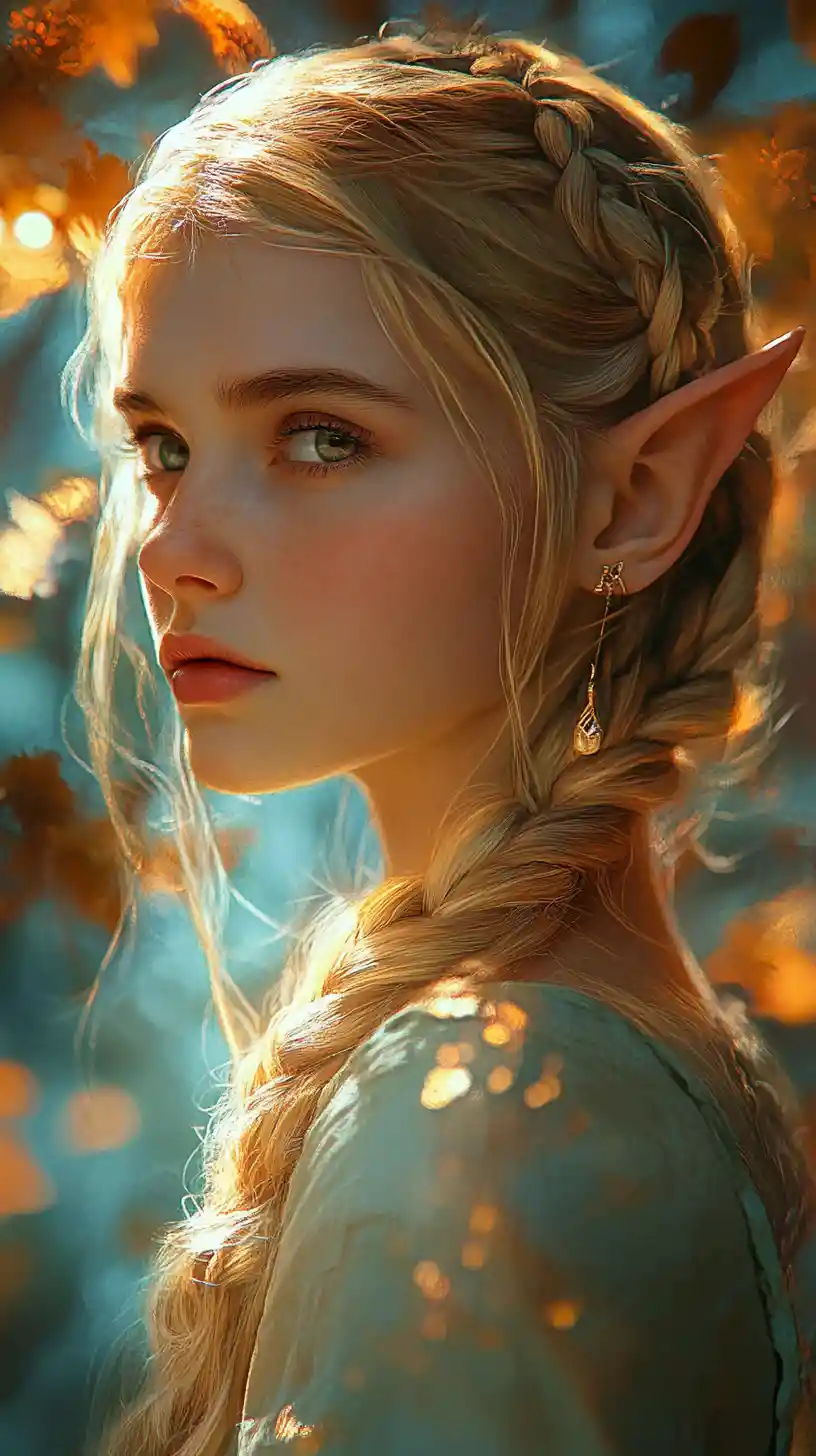 Dreamy elf girl portrait in warm golden fantasy light