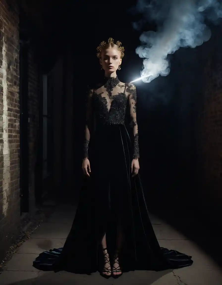 Prophet woman in noir alley under a single celestial beam