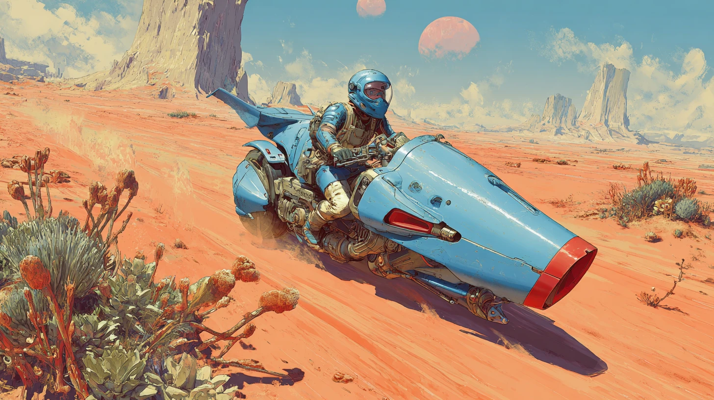 Futuristic speeder racing across an alien desert landscape
