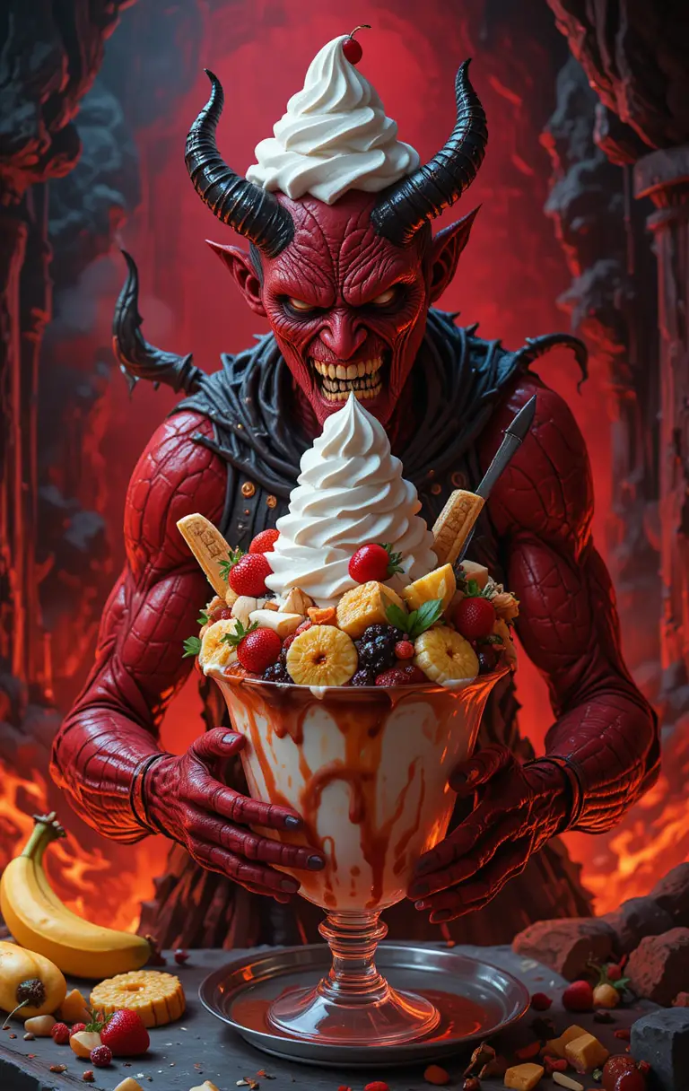 Dämon macht schmelzende Eisbecher in der feurigen Hölle