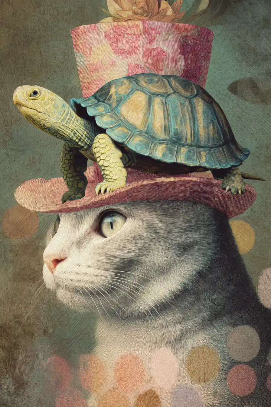 Anthropomorphic cat hatter crowning a turtle with paper hat
