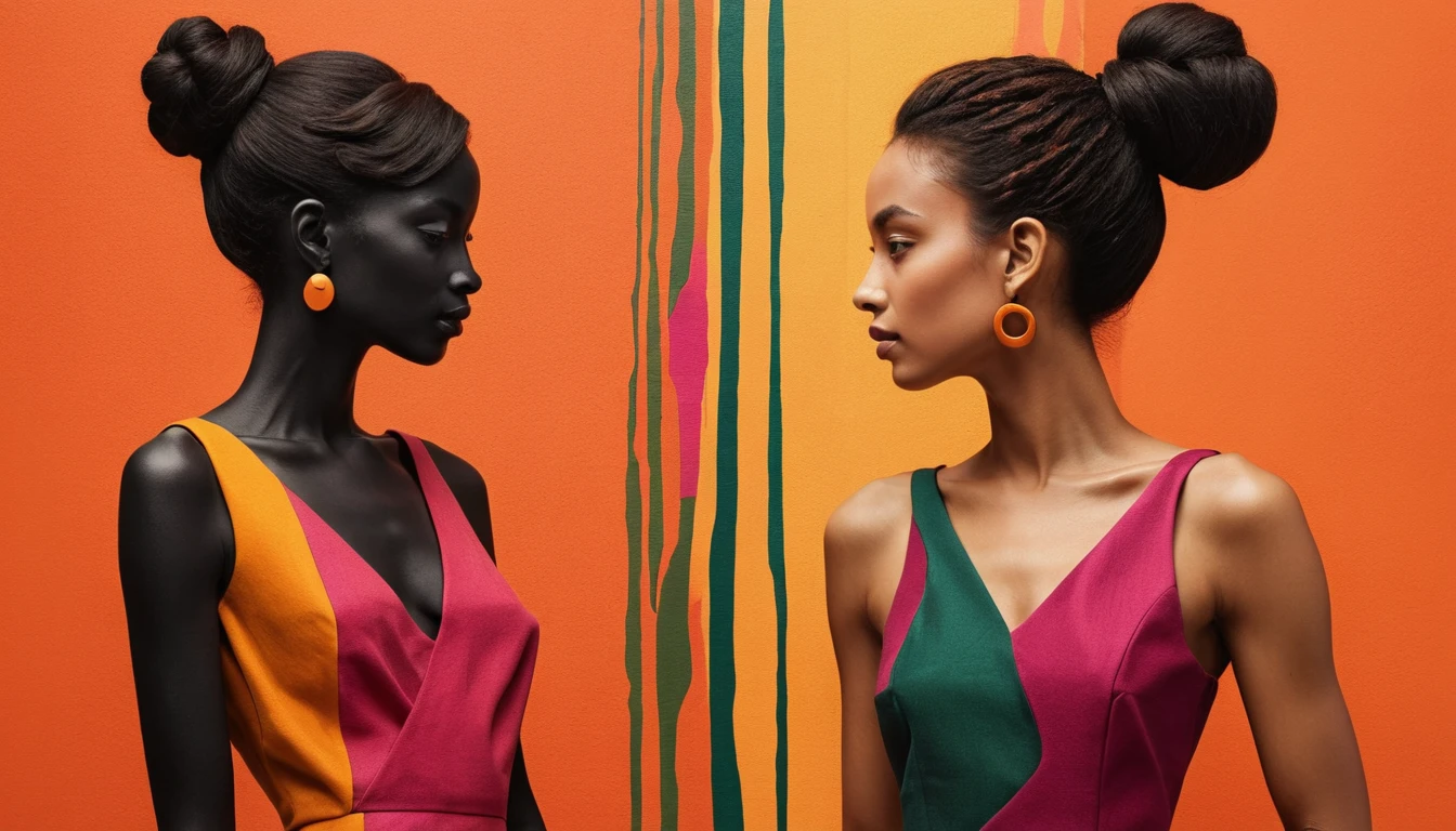 Silhouette femminile astratta con abito tribale colorato a strati