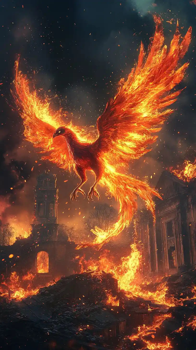 Fiery phoenix rising from the ruins of a burnt house