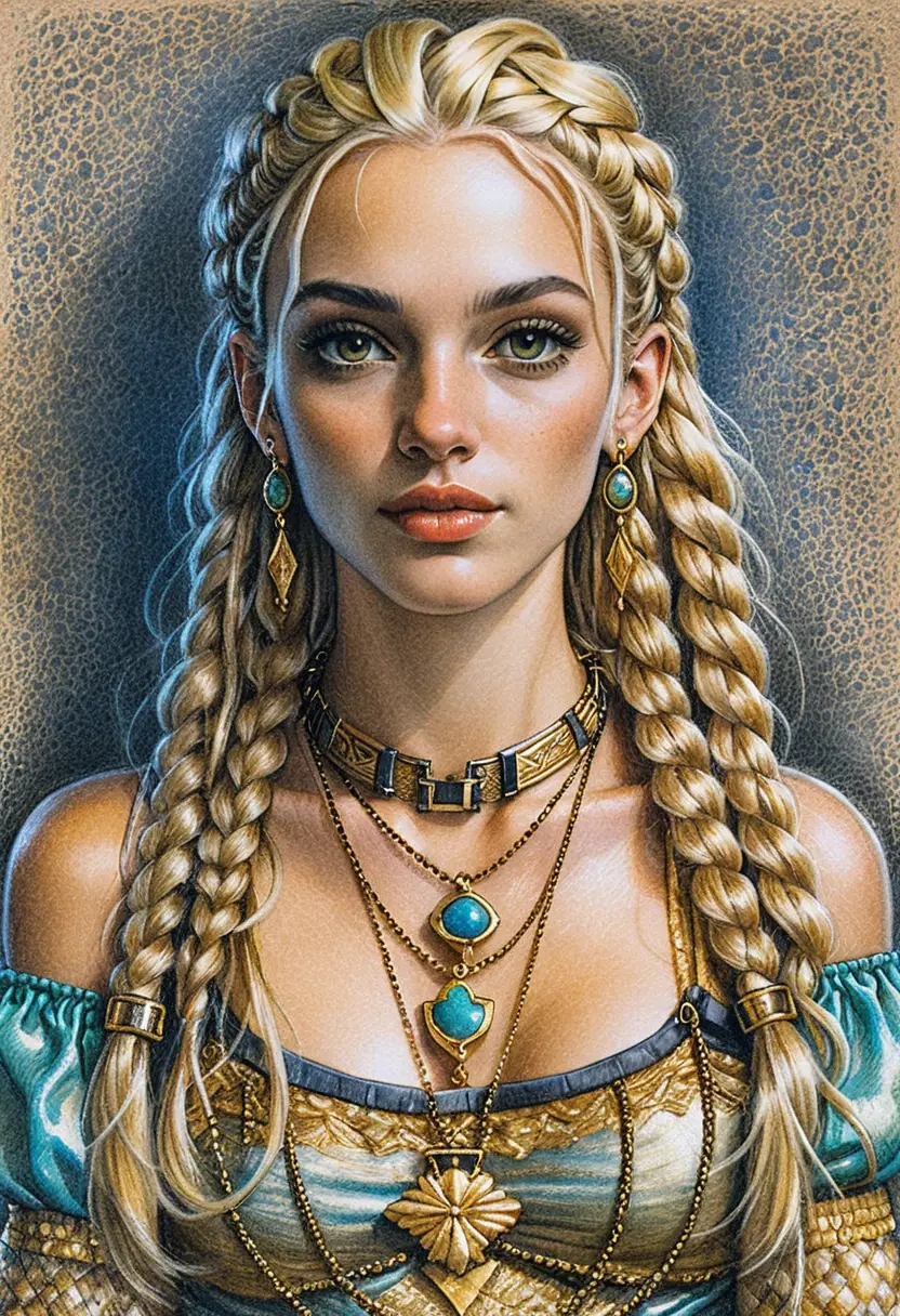 Young woman portrait with braids in Rembrandt style lighting