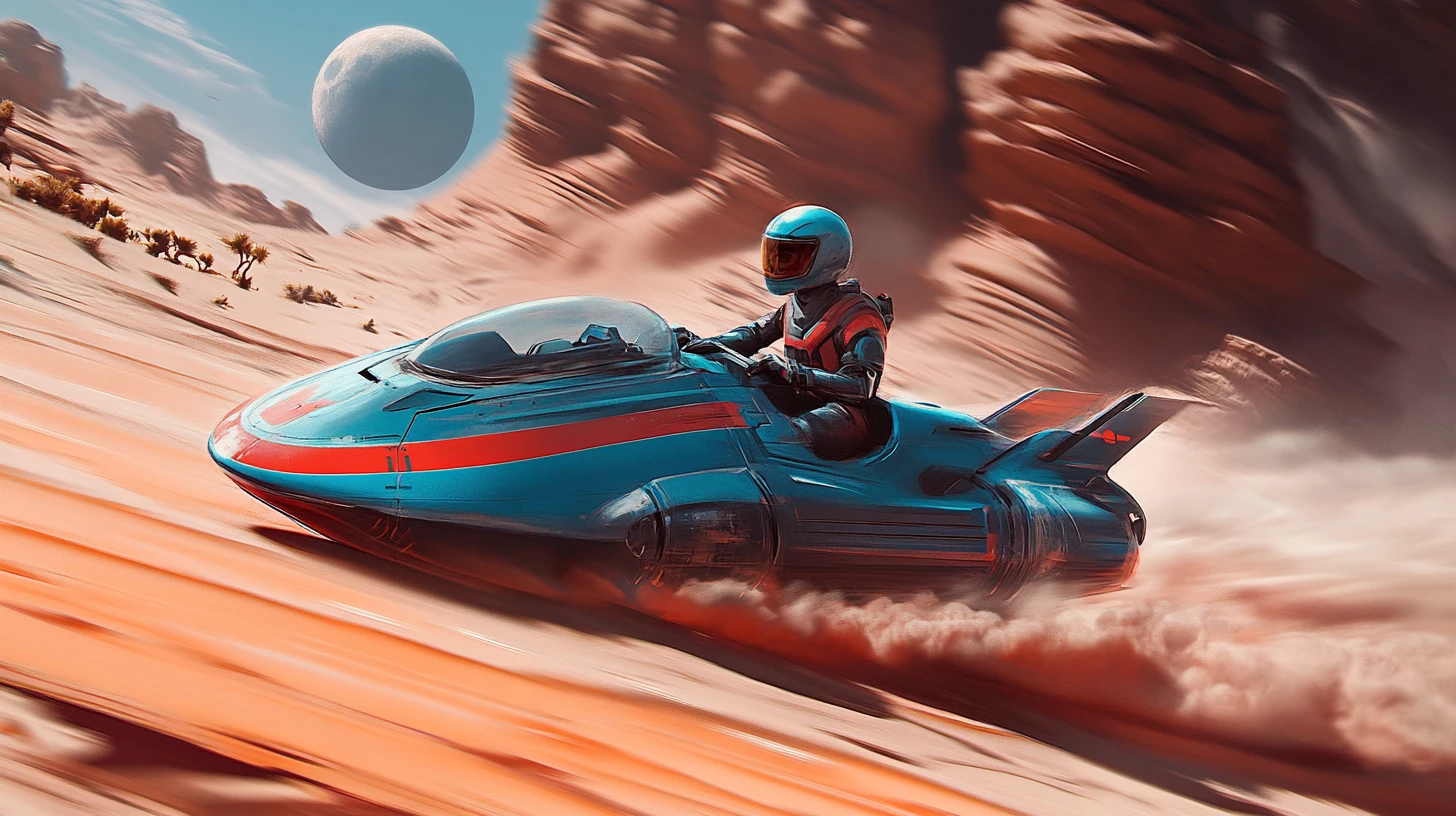 Futuristic speeder racing across a dramatic alien desert