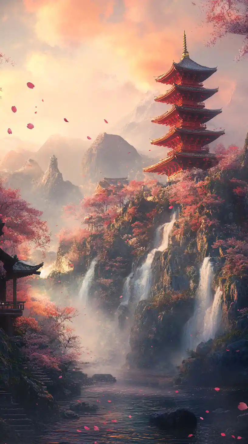 Japanese pagoda and teahouse above waterfalls on scroll