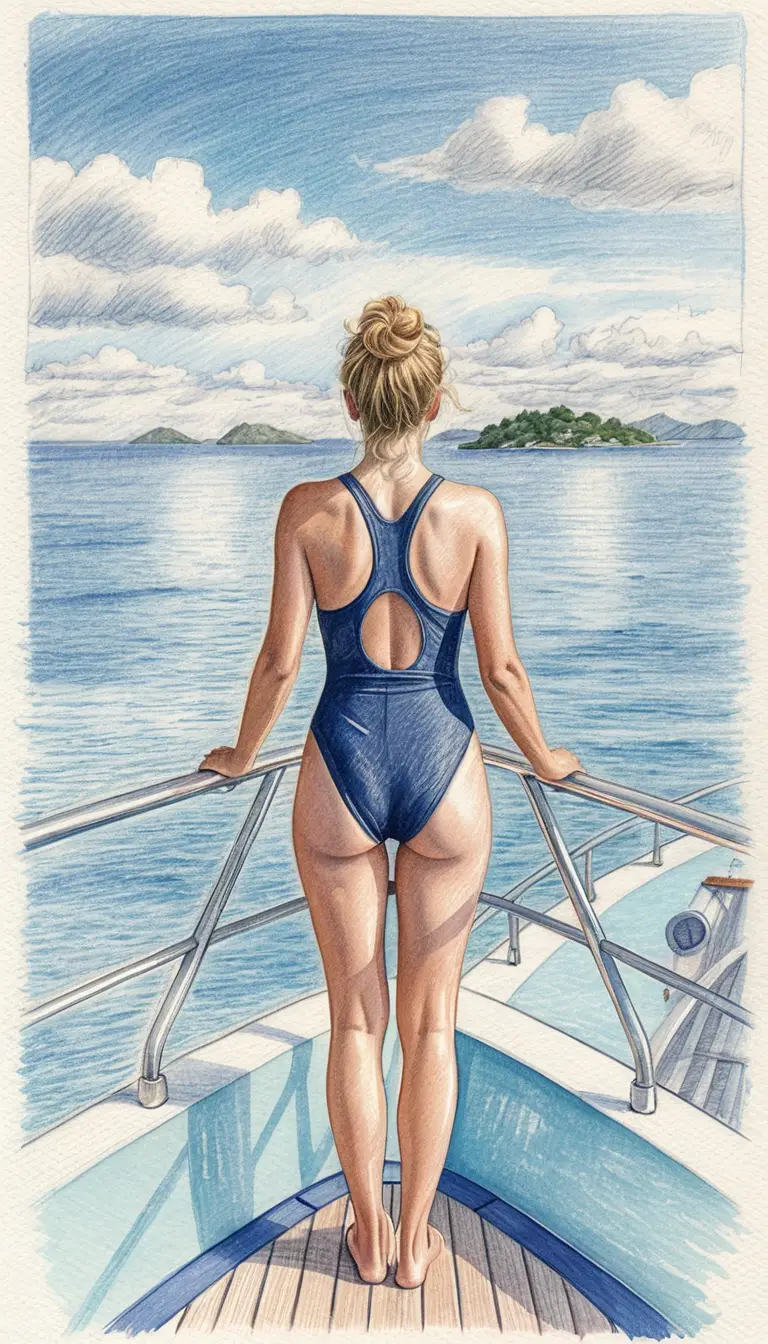 Frau im marineblauen Badeanzug auf Yachtdeck am türkisfarbenen Meer