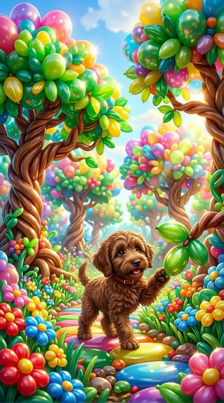 Dolce cucciolo di barboncino che cammina in una colorata foresta di palloncini