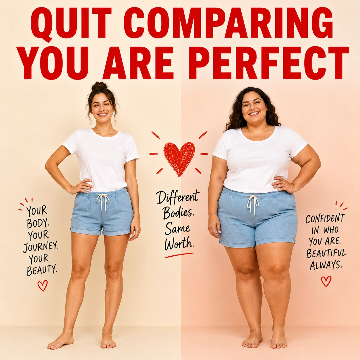 Split screen body comparison with bold self love message