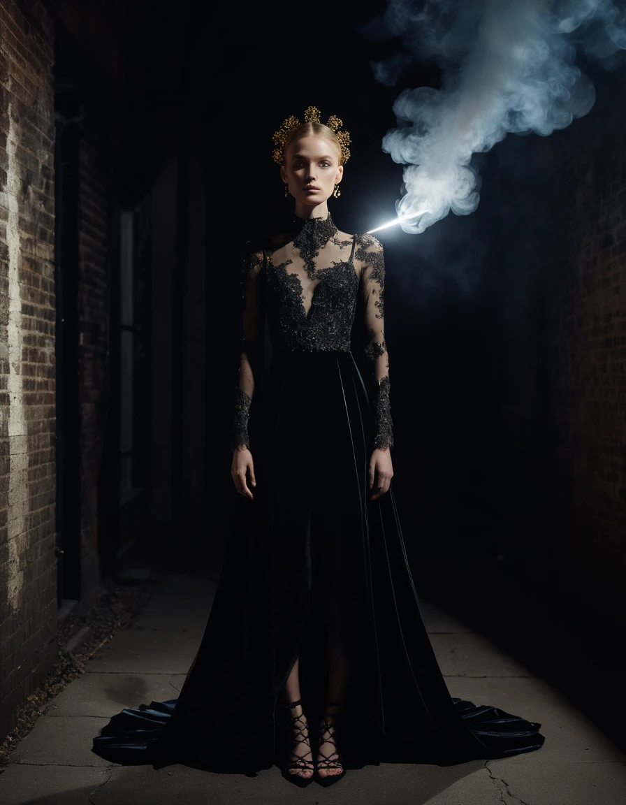 Prophétesse dans une ruelle noircie sous un unique rayon céleste