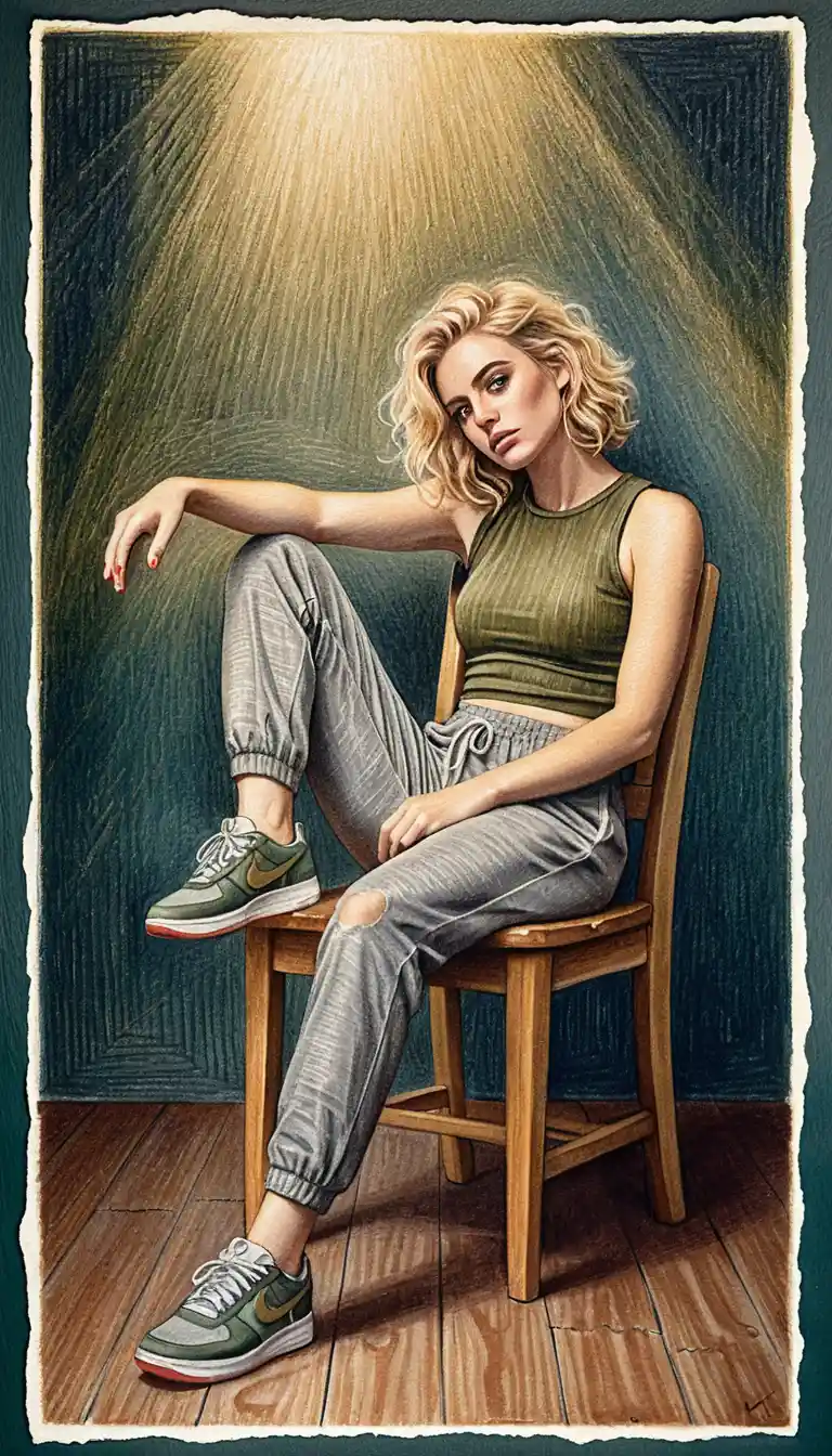 Seated blonde woman in spotlight on wooden chair
