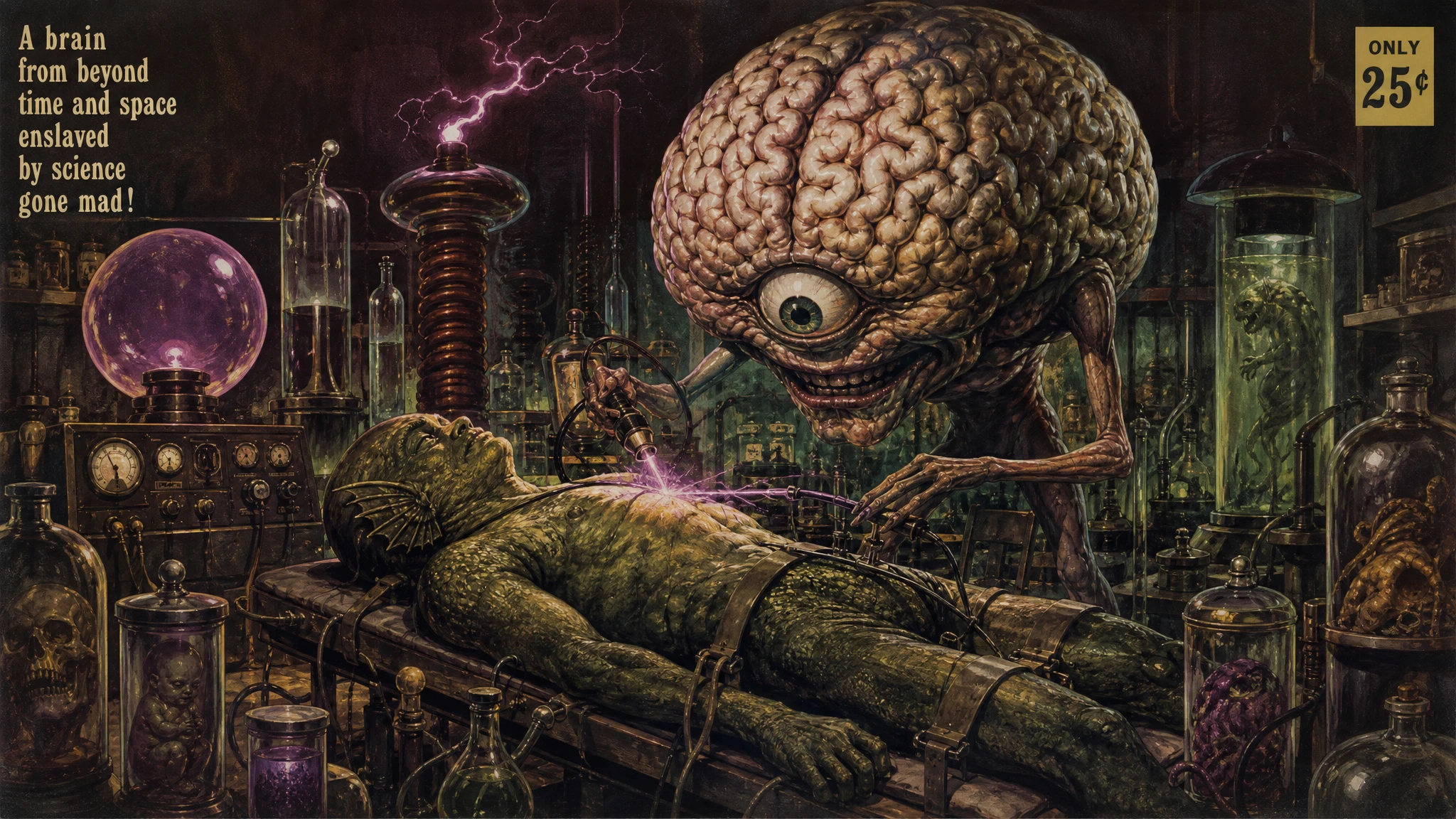 Gigantic One Eyed Brain Monster In A Gothic Lab