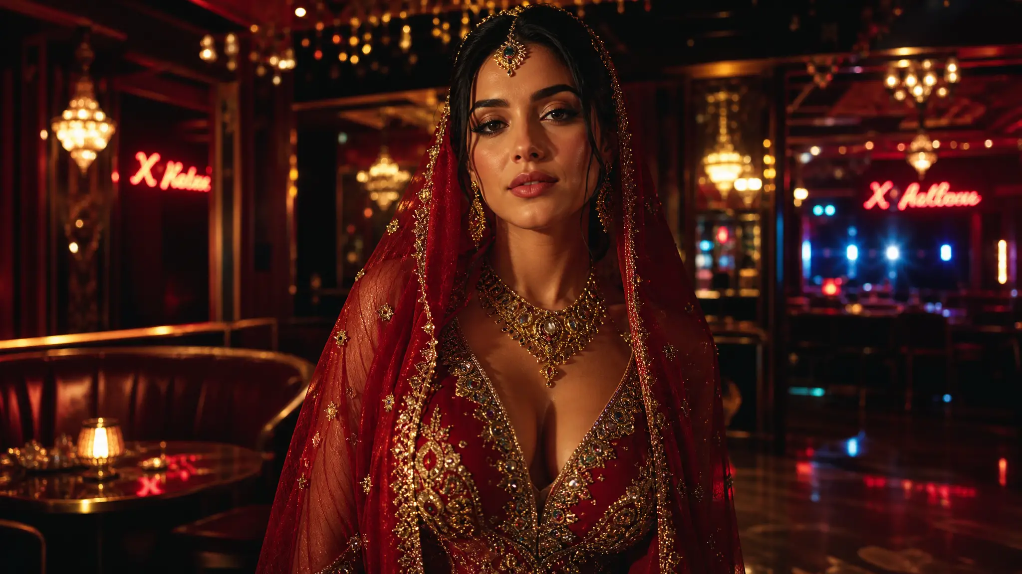 Elegant woman in red veil in glowing nightclub portrait