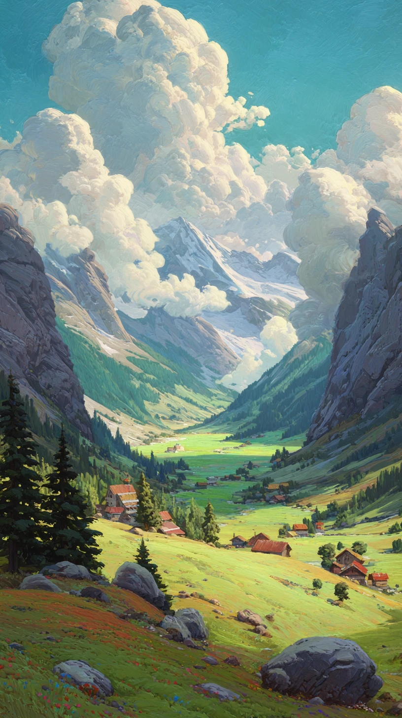 Lush green valley beneath towering cliffs and distant peaks