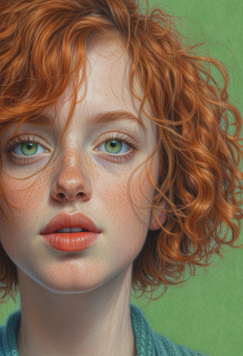 Freckled young woman with green eyes and curly auburn hair