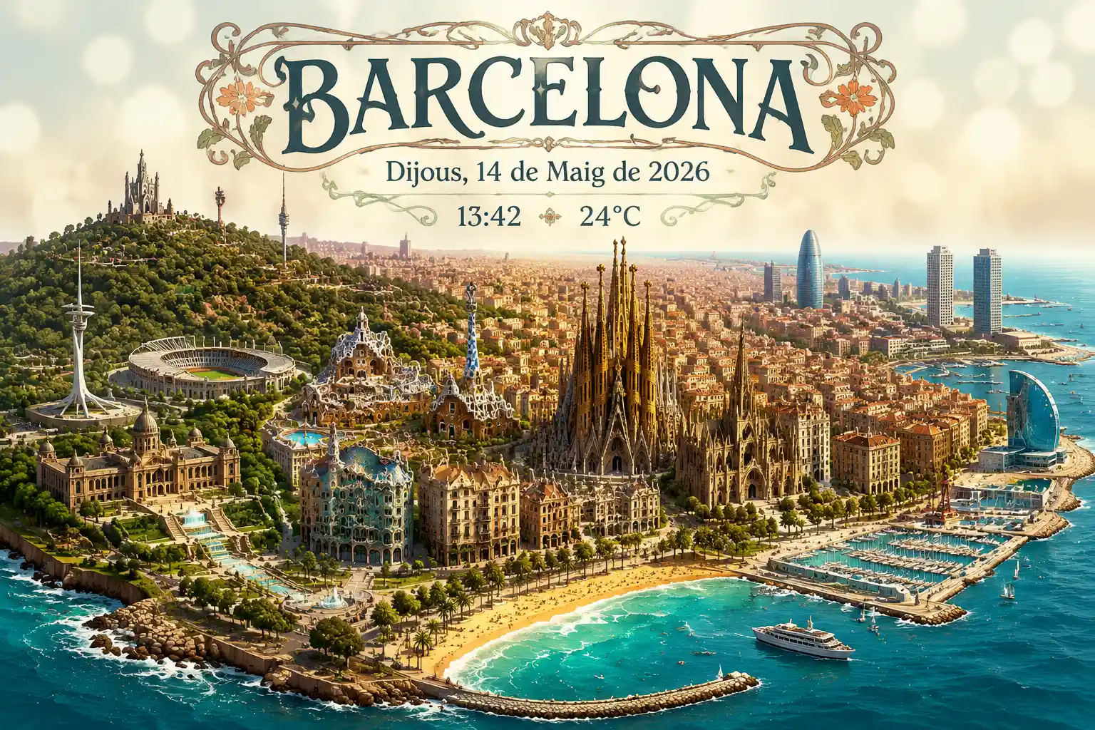 Isometric Barcelona cityscape with landmarks and Catalan typography