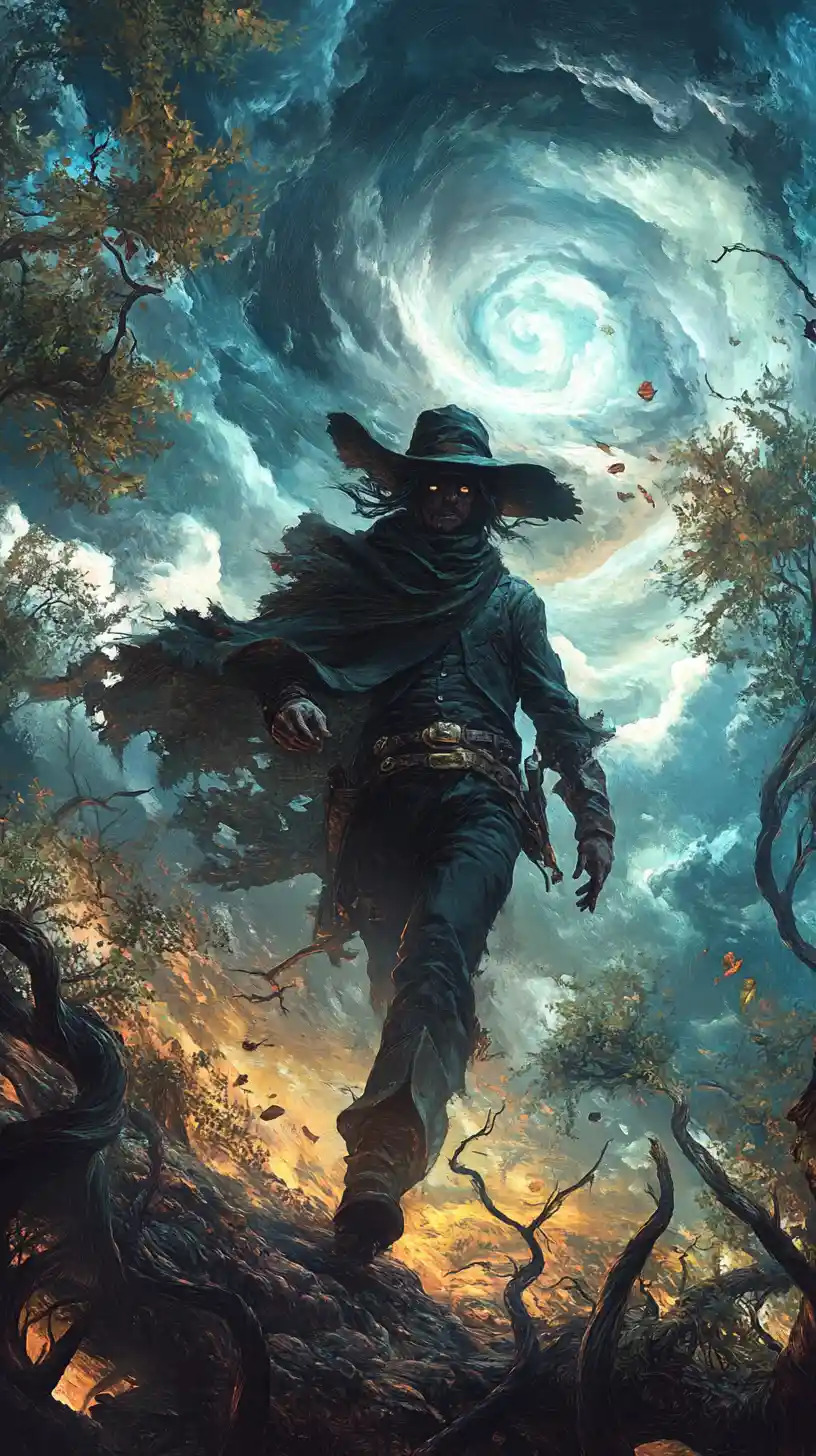 Mysterious Bandit Before A Tornado Sky In Surreal Forest