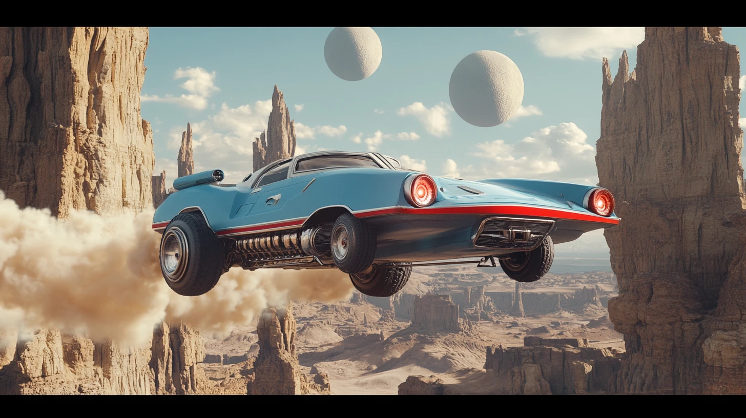 Futuristic land speeder jumping across an alien canyon