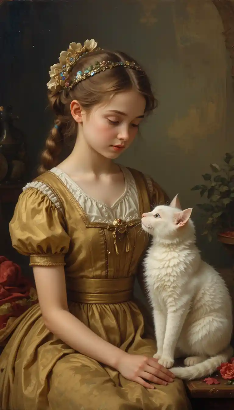 Young girl with white cat in classical oil painting