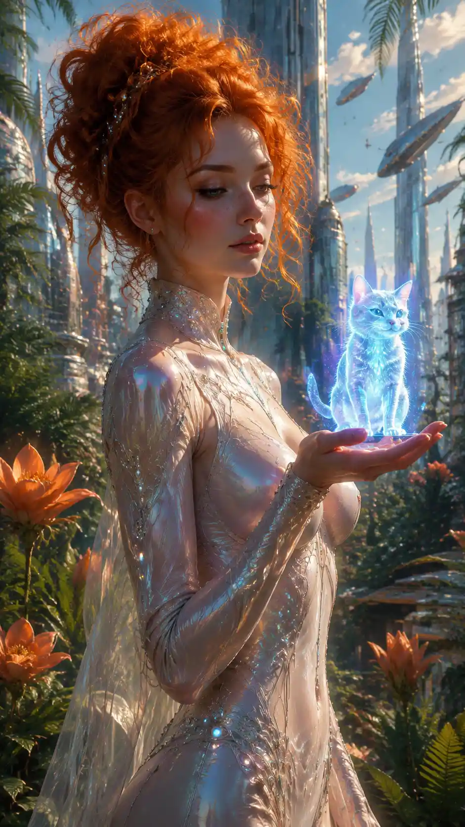 Red haired fantasy girl with holographic kitten in city