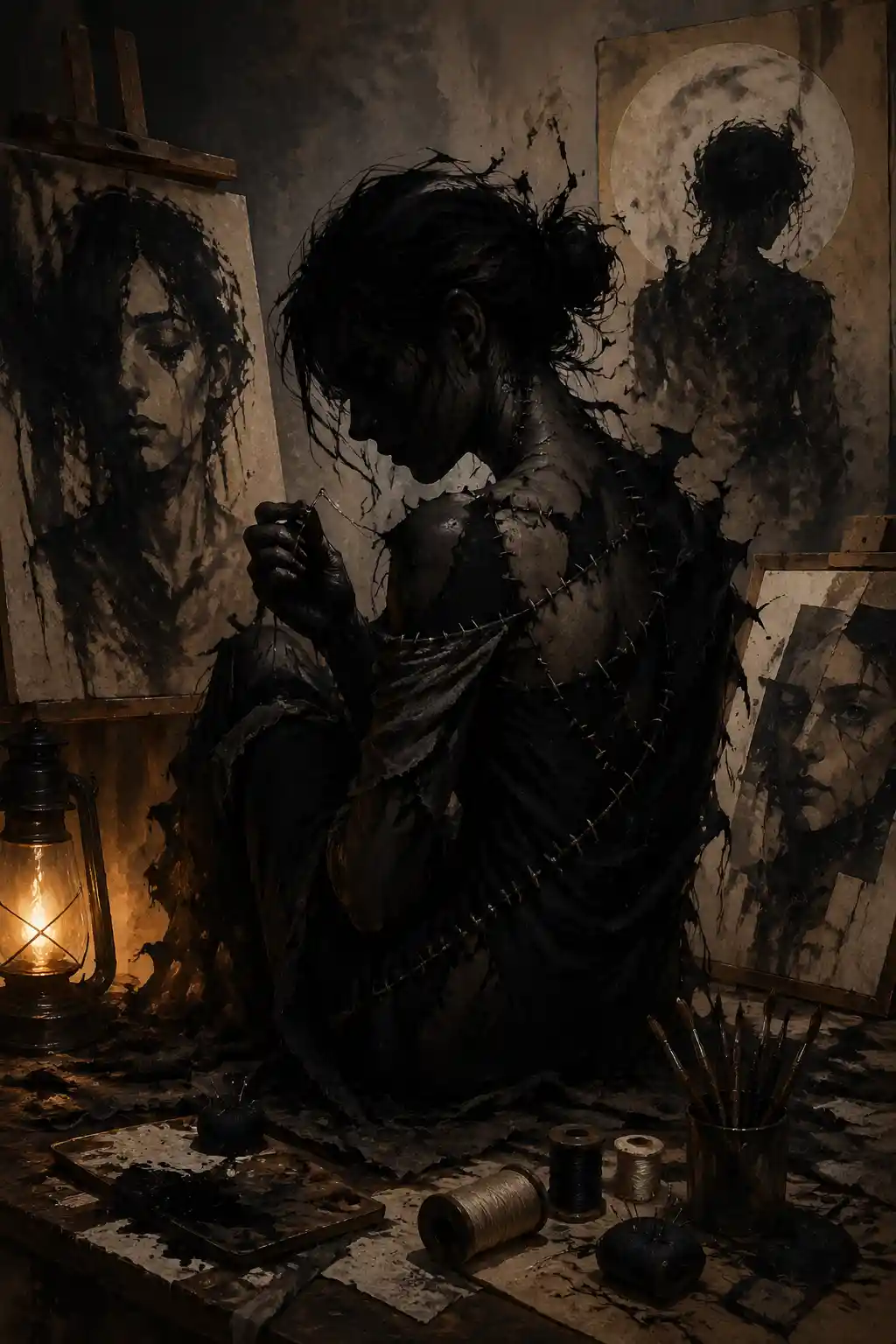 Abstract shadowy figure embodying a tangled soulful beginning