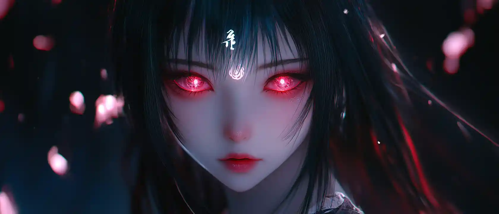 Sad 3D anime girl with glowing eyes in the dark