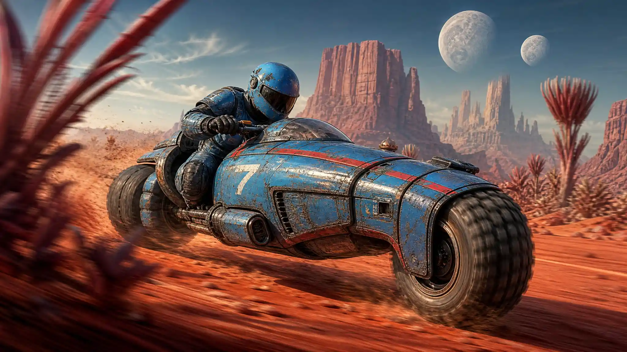 Speeder Rider Races Through Alien Desert Landscape