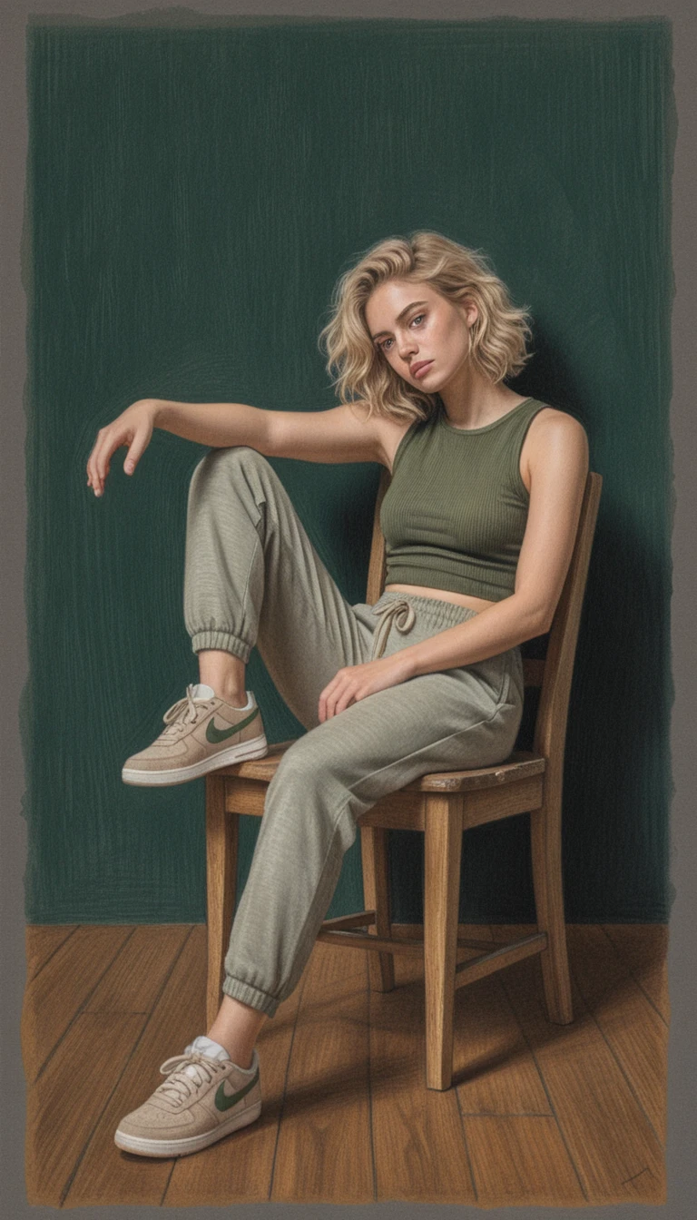 Young woman in chair under warm studio spotlight
