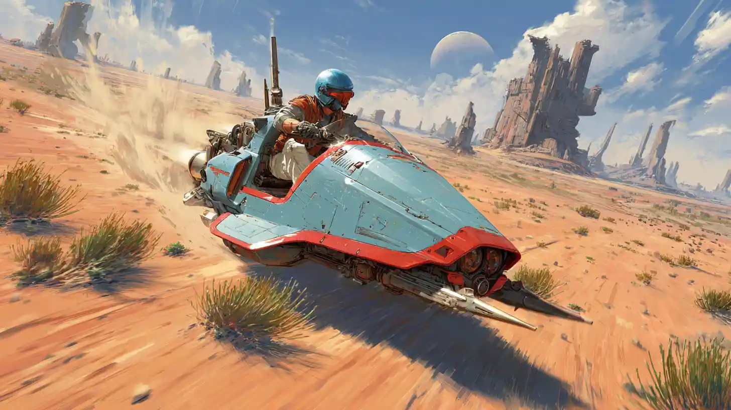 Futuristic land speeder racing through an alien desert