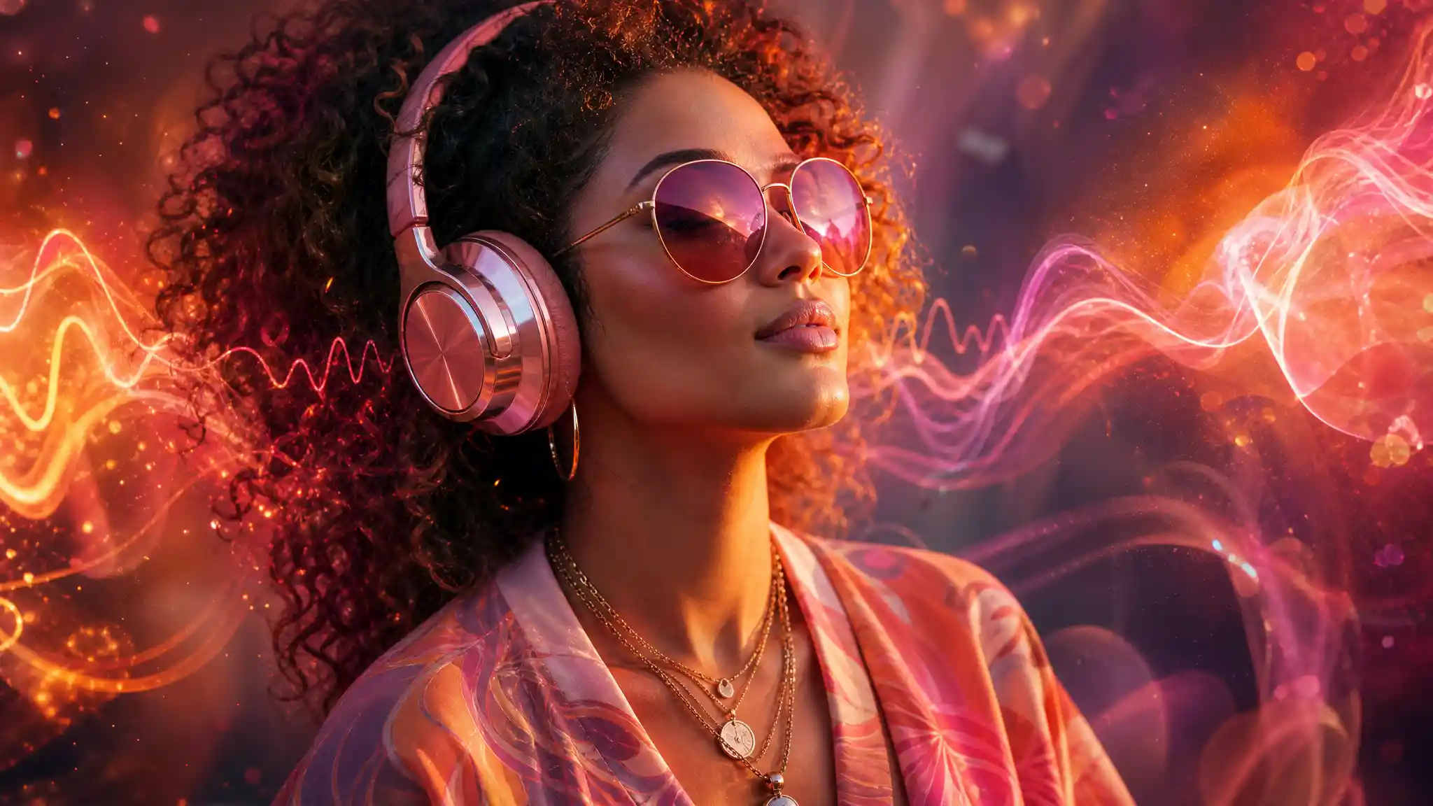 Woman in pink headphones lost in colorful music