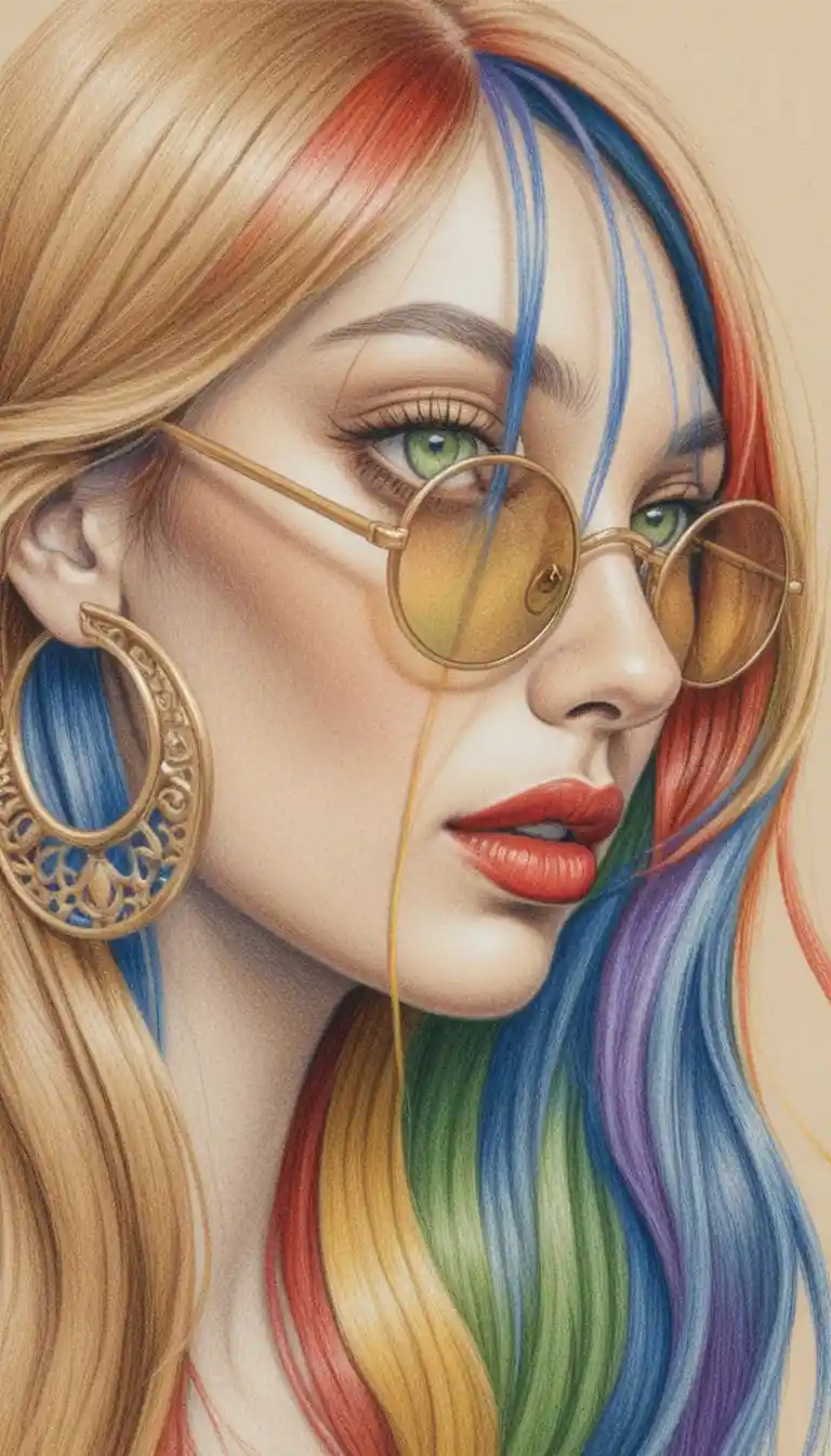 Portrait of a girl with long rainbow colored hair