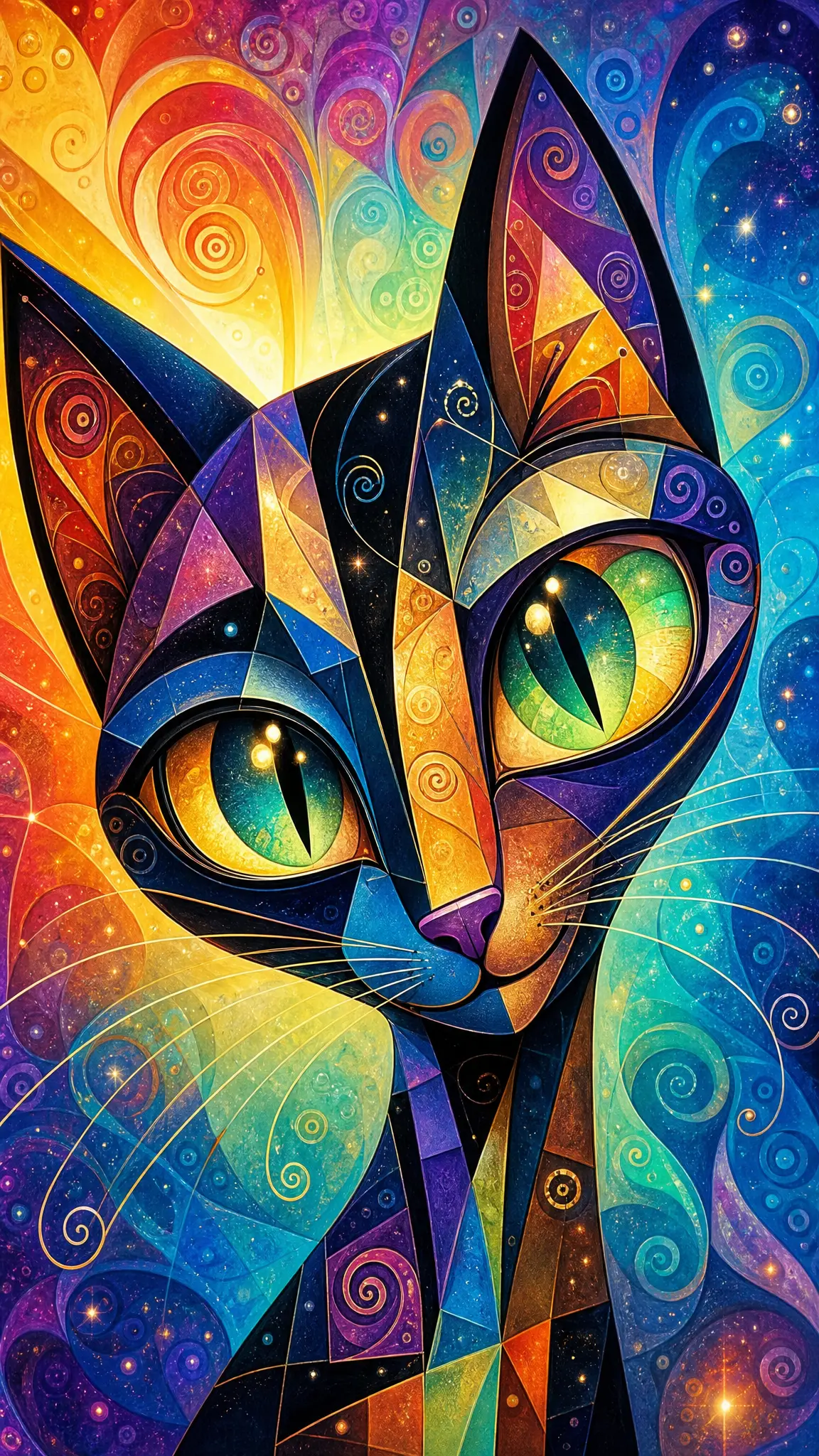 Kubistische schwarze Katze in Nahaufnahme mit verspieltem Regenbogenhintergrund