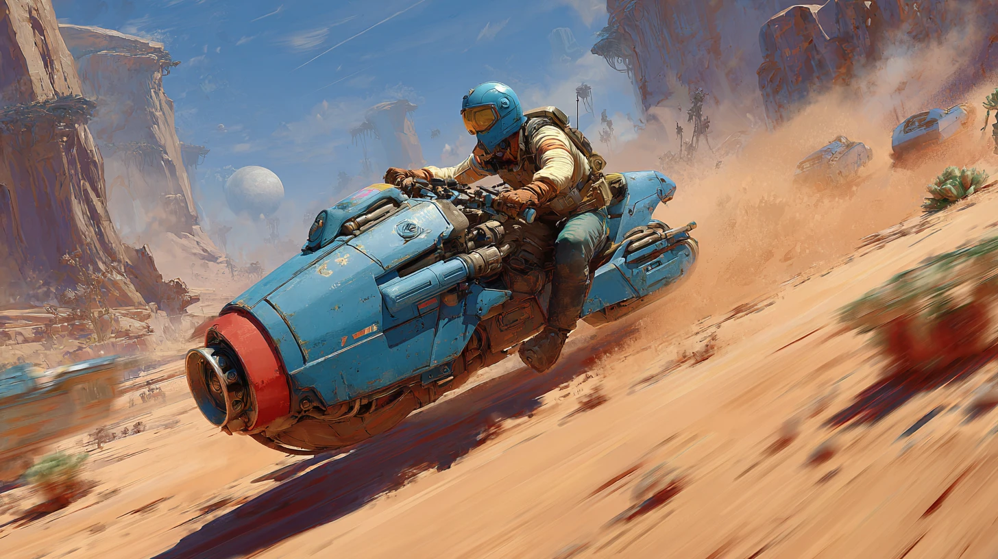 Futuristic speeder racing across an alien red desert